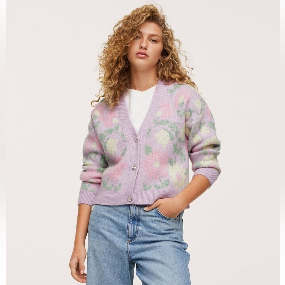 🆕Mango - Drop-Shoulder Floral V-Neck Sweater